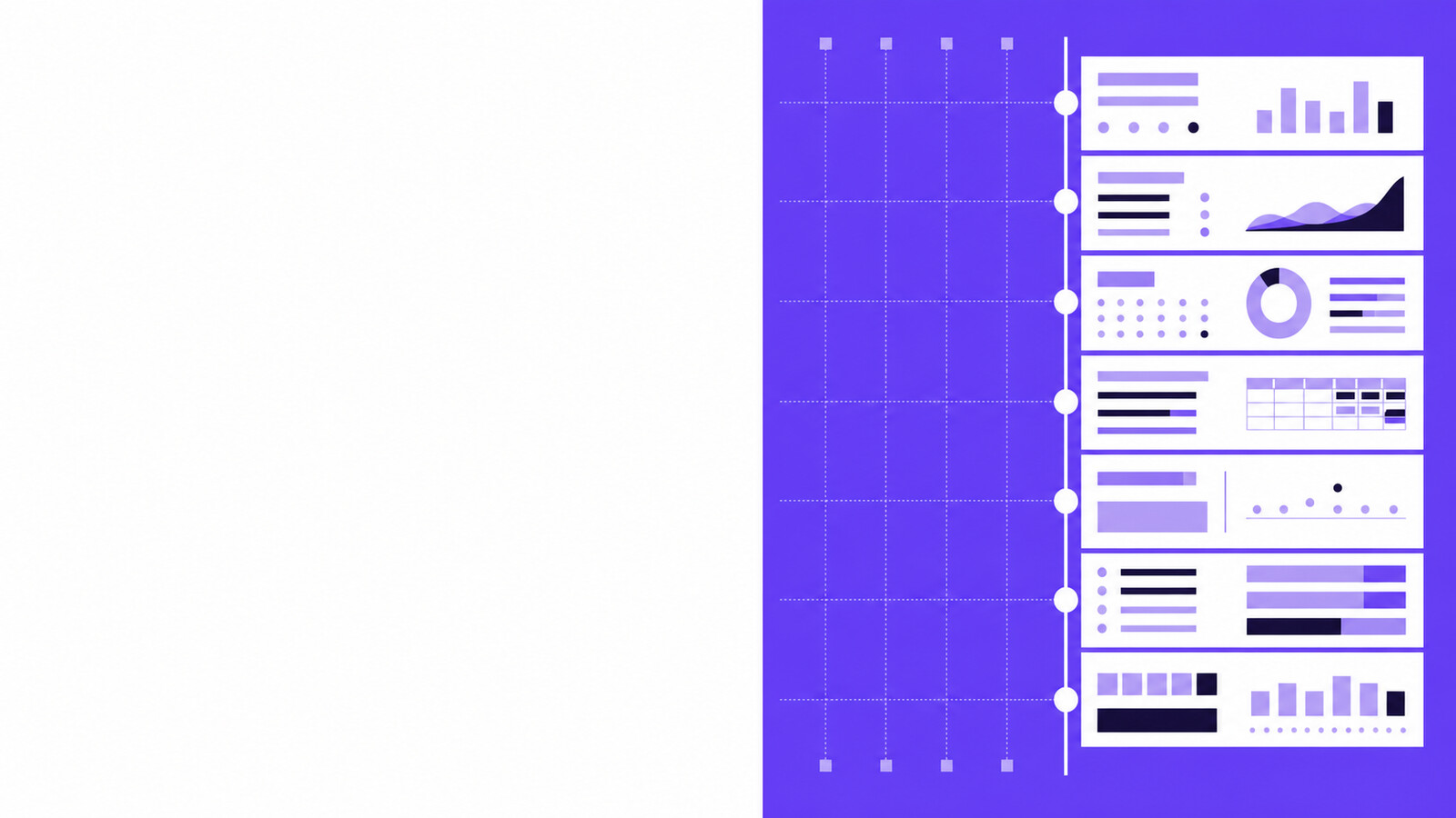 Seven abstract interface cards aligned against a white and purple measurement grid.