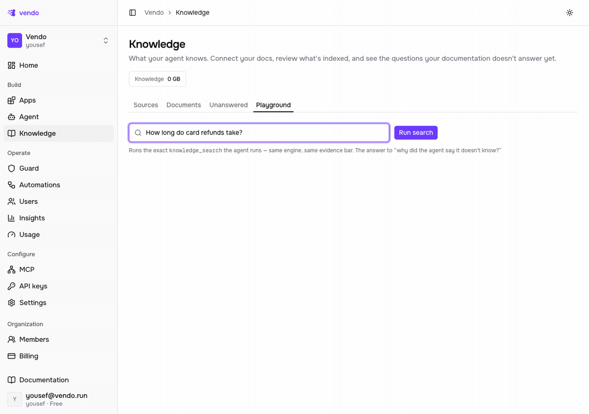The console Knowledge Playground with the question 'How long do card refunds take?' typed in. A green banner reads 'Would answer — 1 passage clears the evidence bar. The agent cites it,' above the matching passage from the uploaded Payments and Refunds document, scored on an answer bar.